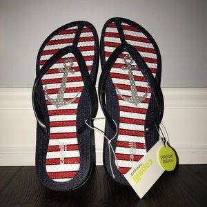 red white and blue flip flops